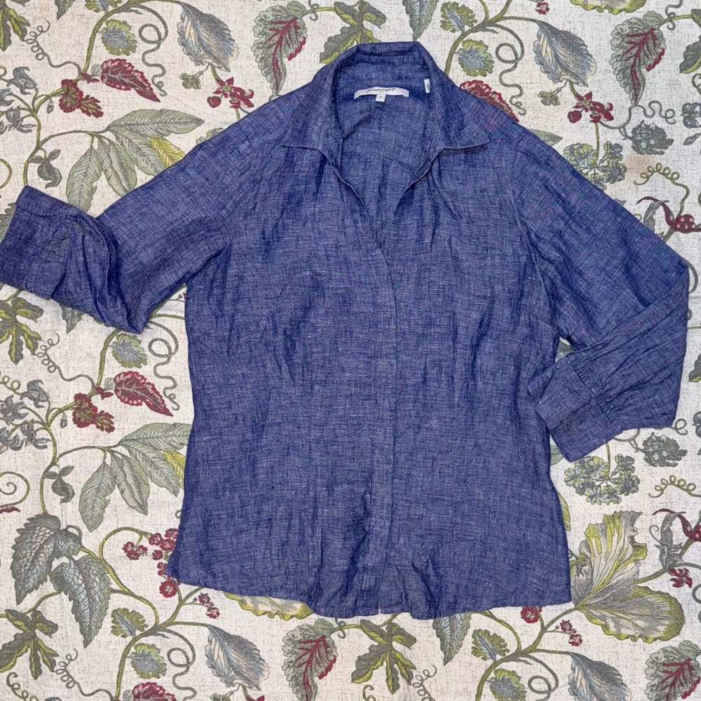 Foxcroft NYC Blue 100% Linen Long Sleeve Button Down Blouse Shirt Size 6